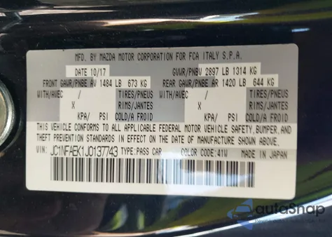 2018 Fiat 124 Spider Abarth from USA, damaged, VIN JC1NFAEK1J0137743